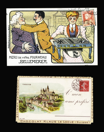 Pseudo-entier carte postale 10c rouge "Fourneaux Bellemere" et pseudo entier enveloppe 10c semeuse OBL simili CAD "Morteau Doubs" (chocolat Klaus). TB.