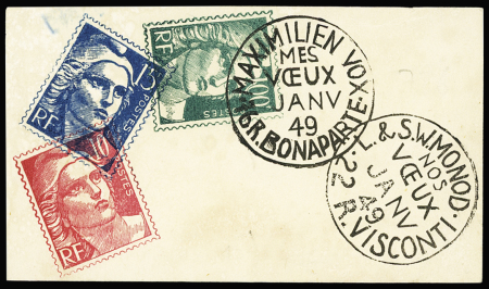 Pseudo entier de carte de vœux de Maximilien Vox (janv 1949) avec pseudo figurines 10F, 15F et 100F Gandon. Rare et TB