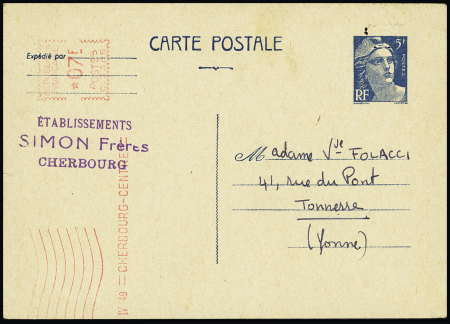 Entier carte postale 5F Gandon bleu perforé "SF" (Ets Simon Frères Cherbourg) (GAN G1c) avec EMA de complément à 07F. Rare et TB. Cote 150€