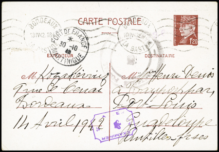 Entier CP 1F20 Pétain OBL Bordeaux (13.4.42) pour La Guadeloupe avec censures et CAD d'arrivée "Fort de France Martinique" (30.10.42) au recto. Rare et TB