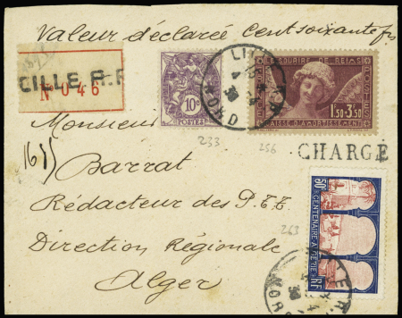 N°256, Sourire de Reims + 233 + 263 OBL Lille RP (1930) sur lettre chargée (VD 160F). TB