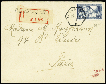 N°252, Le Travail OBL hex "Paris 74B B" (1930) sur lettre recommandée. TB