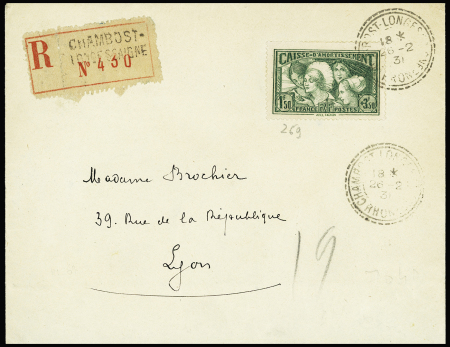 N°269, Les Provinces, OBL CAD perlé "Chambost Longessaigne" (1931) sur lettre recommandée. TB. Cote 300€
