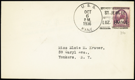 USA n°350 OBL grand CAD de navire US "USS KANE" (6 oct 36) avec griffe "St Jean de Luz Fance" sur lettre. TB