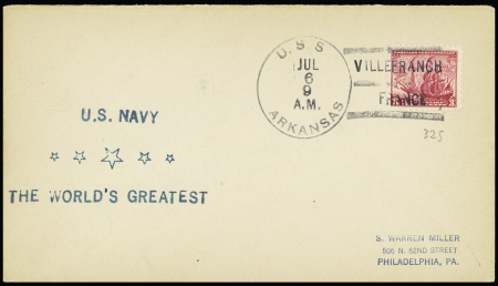 USA n°325 OBL grand CAD "USS Arkansas" (1934) + griffe d'escale "Villefranche France" sur lettre. TB