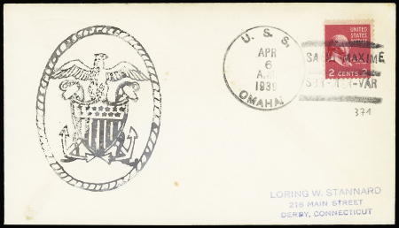 USA n°371 OBL grand CAD "USS Omaha" (1939) + griffe d'escale "Sainte-Maxime sur Mer Var" sur lettre. TB