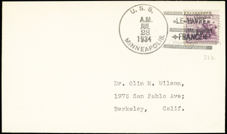 USA n°322 OBL grand CAD "USS Minneapolis" (1934) avec griffe d'escale "Le Havre France" sur lettre. TB