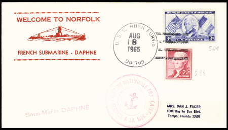 USA n°561 ° 588 OBL grand CAD "USS Hugh Purvis" (1965) sur env. à en-tête rouge "Welcome to Nortfolk french submarine - Daphne". TB