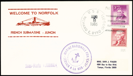 USA n°526 + 588 OBL CAD "USS Richard E. Byrd" (1965) sur env. à en-tête rouge "Welcome to Norfolk french submarine - Junon". TB