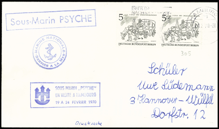 Allemagne n°305 en paire OBL Hamburg (1970) sur lettre avec griffe encadrée bleue "sous-marin Psyche en visite à Hambourg 19 à 24 février 1970" sur lettre. TB