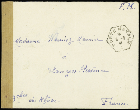 LF censurée avec CAD hexagonal pointillé "poste navale" (1941 - Fort de France Martinique). TB