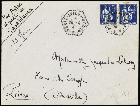 N°288, 1F50 Paix, 2 pièces OBL CAD hex "Porte-Avions Béarn" (1941 - Fort de France Martinique).  Sur lettre avec mention manuscrite "par avion à partir de Casablanca". TB