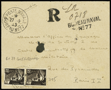N°715 en paire OBL CAD "Poste navale bureau n°77" (1945 - Cherbourg) sur lettre avec griffe de recommandation provisoire. Rare et TB