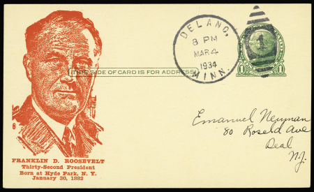 Entier CP USA 1c vert OBL CAD "Delano Minn" (8.3.1934) avec effigie de Franklin Delano Roosevelt qui vient d'être élu Président des USA. TB
