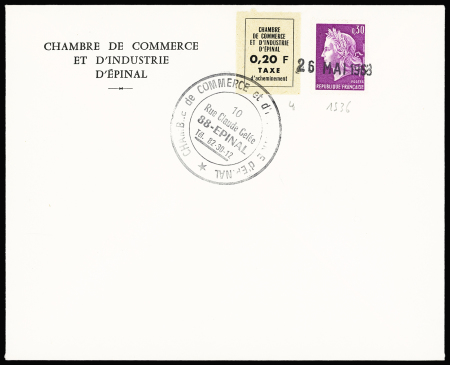 N°1536 + grève n°4, 20c Epinal sur lettre (26 mai 1968). TB. Cote 220