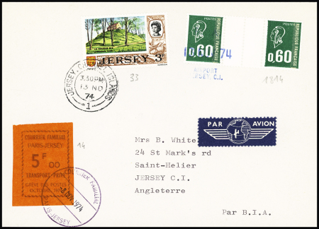 France n°1814 en paire + Jersey n°33 + grève n°14, 5F orange courrier familial Paris-Jersey OBL 8 nov 1974 sur lettre. TB. Cote 300€