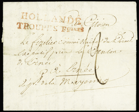 Lettre avec marque rouge "Hollande Troupes Fçoises" au départ de Den Bosch (Bois le Duc) le 29 frimaire an 7 (10 dec 1798). TB
