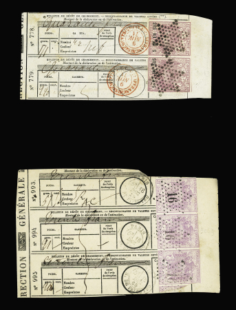 LES ANNULATIONS POSTALES DES TIMBRES MOBILES SUR LES MANDATS DITS D'ARTICLES D'ARGENT. 2 documents: bulletin de dépôt de chargement 18/12/1869 Paris : timbre de dimension de 20c au type « manteau impérial» annulé p
