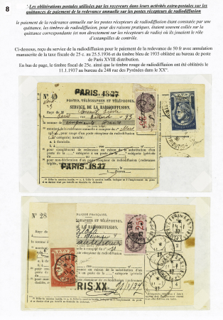 2 documents du service de la radiodiffusion avec timbres de la radiodiffusion bleu et rouge + timbre fiscal à 25c (1936 et 1937) + article documentaire "le redevance radio une affaire postale". TB