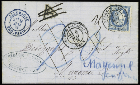 N°60 OBL CAD T18 "Castres-s-l'Agout Tarn" (6 mai 76) sur lettre pour Mayenne acheminée en fausse direction à Mayence (Allemagne) avec au verso ambulant linéaire "Verviers Coeln". TB