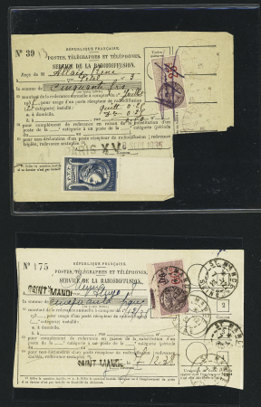 5 documents des paiements annuels des postes récepteurs de radiodiffusion dont un bordereau n°39 avec timbre bleu de radiodiffusion. TB