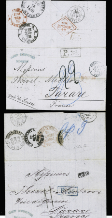 2 lettres de Moscou à destination de TARARE. L'une au 11 octobre 1870 par "VOIE DE GENEVE", l'autre par "VOIE DE SUISSE" avec passage par Forbach (Prusse) le 13 mars 1871 et arrivée à TARARE le lendemain. TB 2 lettr