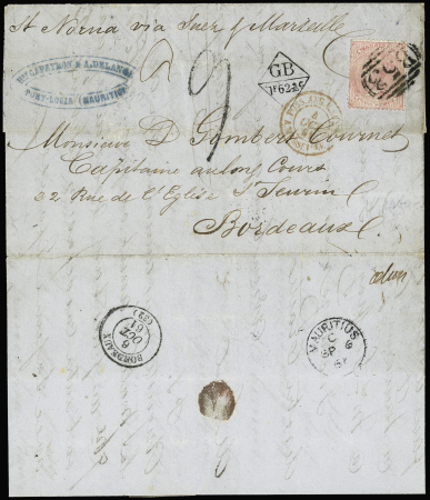 Lettre écrite à PORTLANES le 4/9/1861. Acheminement par "VOIE DE MER" de "PORT MAURITIUS" le 6/9/61 pour BORDEAUX le 6/10/61 par "St NORMA via SUEZ et MARSEILLE". Affranchissement : timbre Mauritius "4 pence" + taxes d