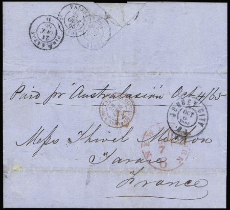 Lettre avec mention manuscrite d'acheminement par navire "AUSTRALASIAN" avec paiement entre les ETATS UNIS et la France. Bureau de départ le 6 octobre 1865 de JERSEY CITY, le 7 de NEW YORK en PD 15. Timbre à date d'ent