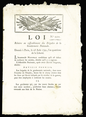 11 DECRETS sous LA REVOLUTION relatifs à l'Organisation de la GENDARMERIE NATIONALE: indemnités des jours de garde, nouvelles Compagnies gendarmes à pied 17 août 1792, gendarmes préposés à la garde des détenus é