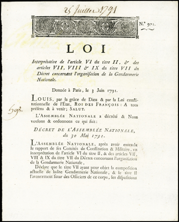 11 DECRETS sous LA REVOLUTION relatifs à l'Organisation de la GENDARMERIE NATIONALE: indemnités des jours de garde, nouvelles Compagnies gendarmes à pied 17 août 1792, gendarmes préposés à la garde des détenus é