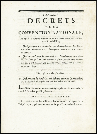 11 DECRETS sous LA REVOLUTION relatifs à l'Organisation de la GENDARMERIE NATIONALE: indemnités des jours de garde, nouvelles Compagnies gendarmes à pied 17 août 1792, gendarmes préposés à la garde des détenus é