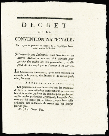 11 DECRETS sous LA REVOLUTION relatifs à l'Organisation de la GENDARMERIE NATIONALE: indemnités des jours de garde, nouvelles Compagnies gendarmes à pied 17 août 1792, gendarmes préposés à la garde des détenus é