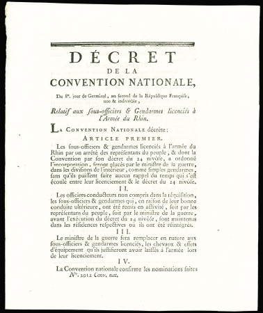 11 DECRETS sous LA REVOLUTION relatifs à l'Organisation de la GENDARMERIE NATIONALE: indemnités des jours de garde, nouvelles Compagnies gendarmes à pied 17 août 1792, gendarmes préposés à la garde des détenus é