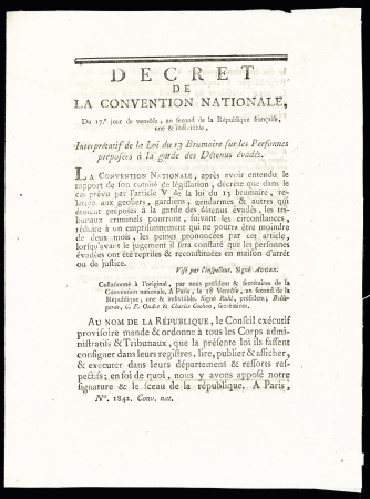 11 DECRETS sous LA REVOLUTION relatifs à l'Organisation de la GENDARMERIE NATIONALE: indemnités des jours de garde, nouvelles Compagnies gendarmes à pied 17 août 1792, gendarmes préposés à la garde des détenus é