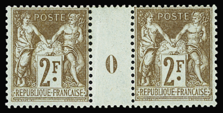 N°105 2f bistre sur azuré, en paire millésime N° 0,