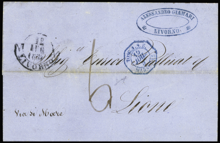 Lettre de Livourne pour Lyon avec octogonal bleu "