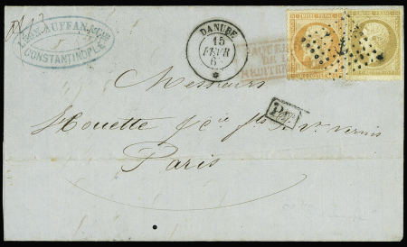 N°21 + 23 OBL nacre + CAD "Danube *" (1865) sur le