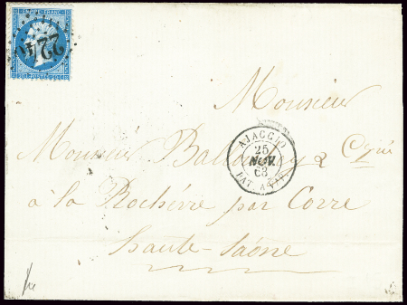 CORSE N°22 OBL GC 2240 + CAD "Ajaccio bat à vap" (1863)