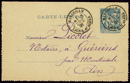 Entier carte-lettre 15 Sage OBL CAD "Marseille lig
