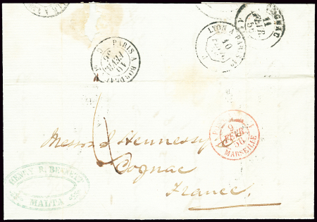 Lettre non affranchie de Malte pour Cognac avec ta