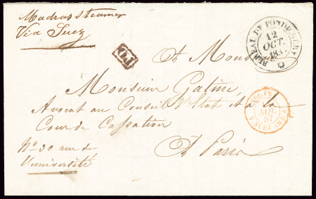 Lettre avec CAD "Bureau de Pondichery" (1857) pour