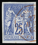N°35 25c bleu en 2ex., un avec obl. bleu légère,