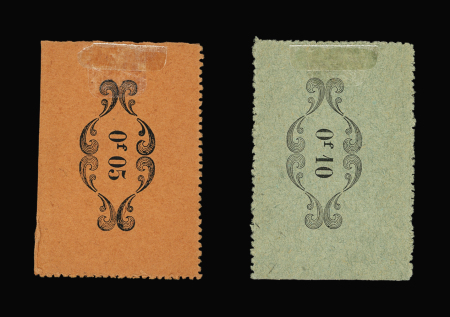 Timbres monnaie, 10c orange sur carton vert et 5c vert