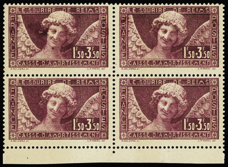 N°256 1fr.50 +3fr50. Sourire de Reims, en bloc de 4,