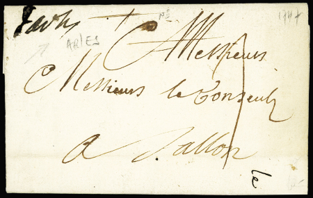 Marques manuscrite "Arles" (L n°1 - 1747) + taxe 3