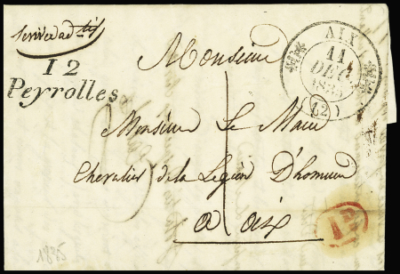 Cursive "12 Peyrolles" + T12 Aix (1835) ind 11. TB