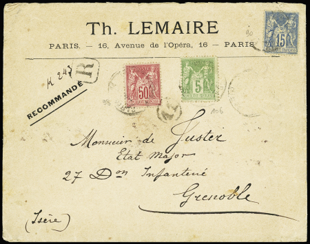 N°90 + 98 + 106 OBL Paris (1897) sur lettre recomm