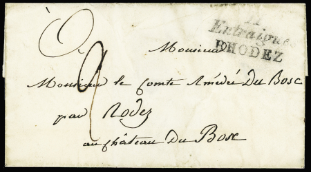 Double cursive "11 Entraigues Rhodez" (1828) + tax