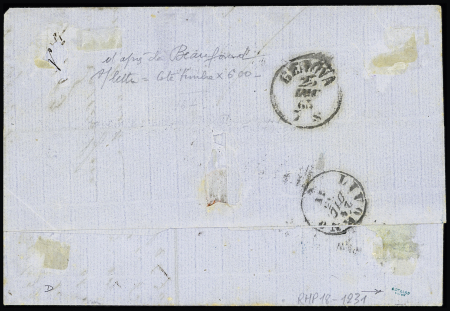 N°22 20c bleu obl. Francia/via di Mare, CàD italien 24 dec. 1863 sur lettre pour Livourne,