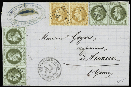 N°25 1c vert bronze en paire et en bande de 3 et n°28B 10c bistre en paire, obl losange BES P